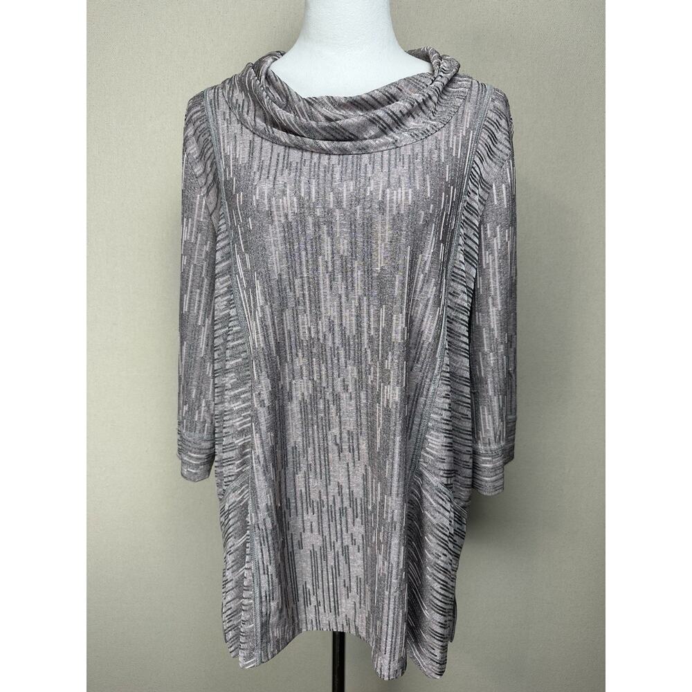 N TOUCH Artsy Gray Shimmer 3/4 Sleeve Decorative Slinky Knit Tunic Top Size XL